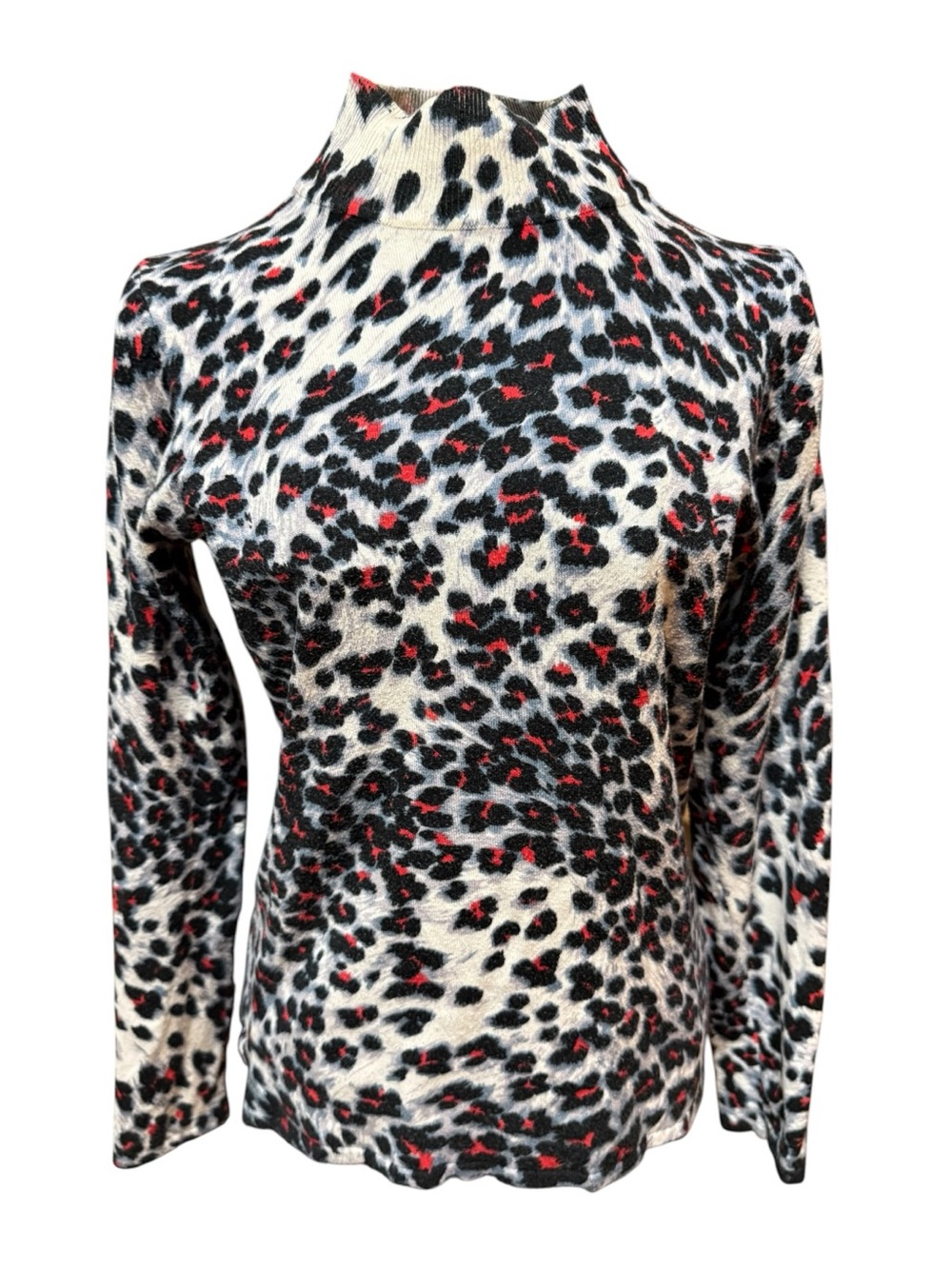 RED Leopard Print Mock Neck Sweater in Black, White & Red medium